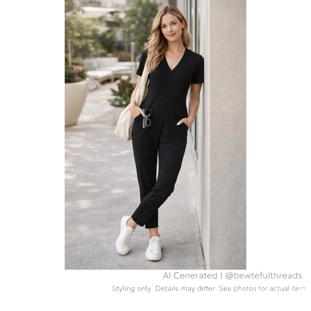 Black Travel Jumpsuit V Neck Stretch One Piece Comfy Everyday Outfit